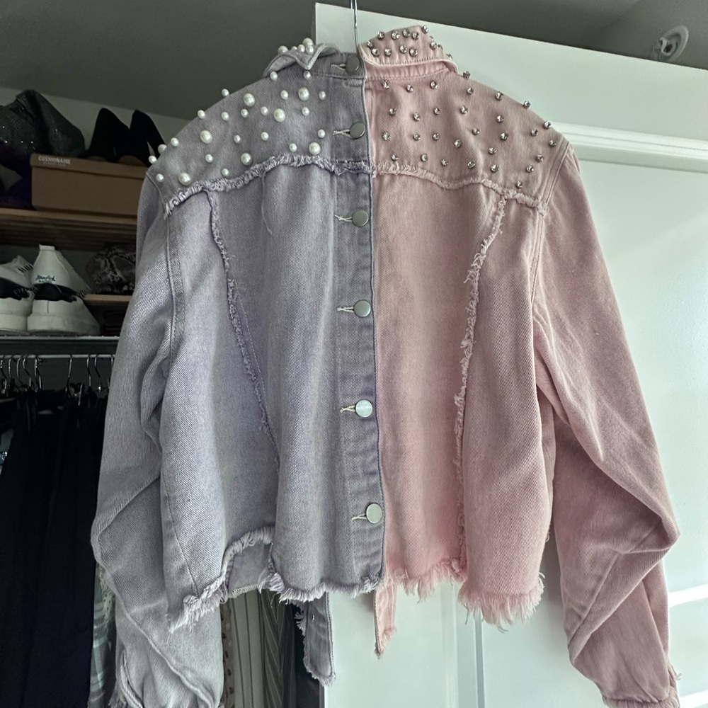 POL Pink and Gray Jean Jacket with Pearl Accents - Picture 2 of 3